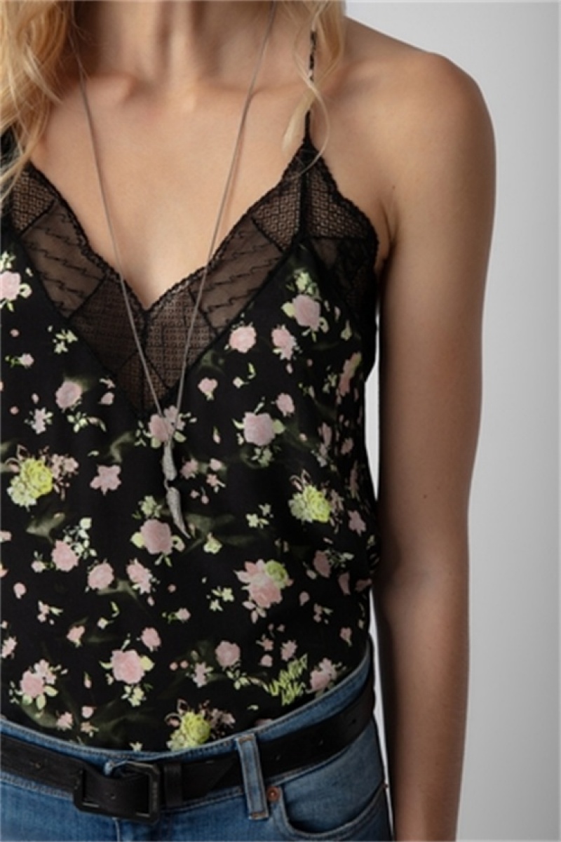 Zadig & Voltaire Christy Soft Crinkle Roses Top Negras | ZV-256323