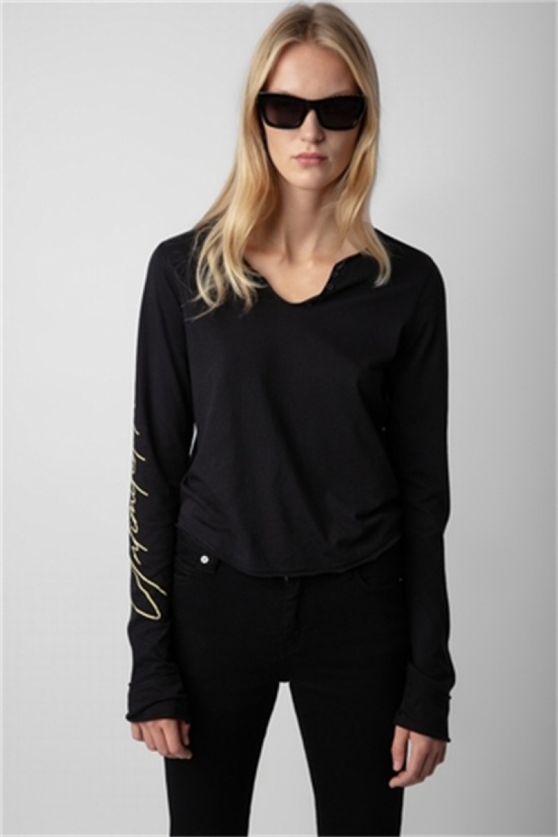 Zadig & Voltaire Crop Concert Crush Henley Top Negras | ZV-256272