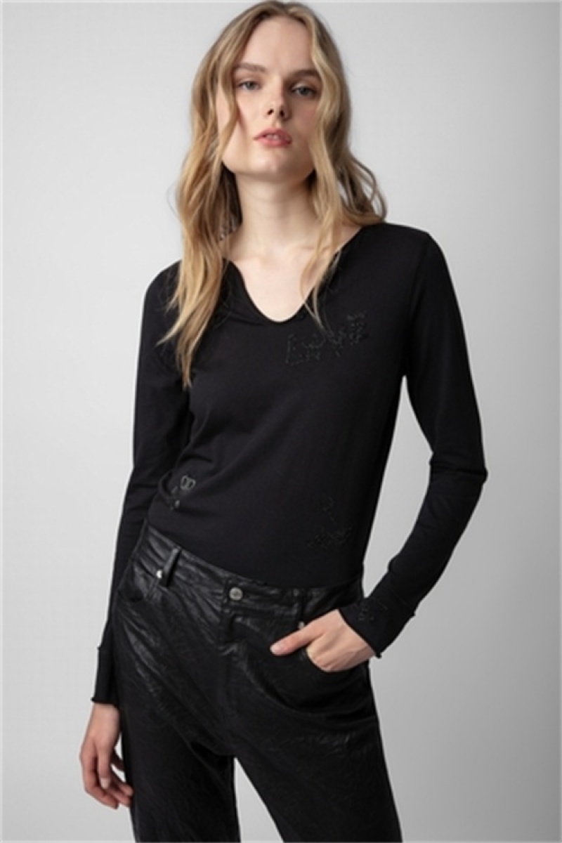 Zadig & Voltaire Diamante Henley T-shirt Negras | ZV-256284