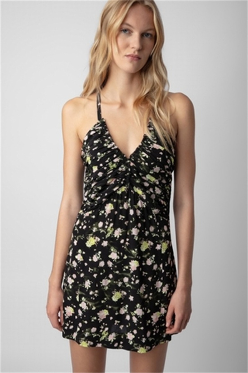 Zadig & Voltaire Randa Soft Crinkle Roses Vestido Negras | ZV-256383