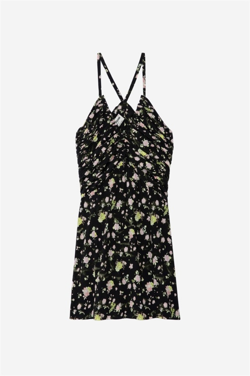 Zadig & Voltaire Randa Soft Crinkle Roses Vestido Negras | ZV-256383