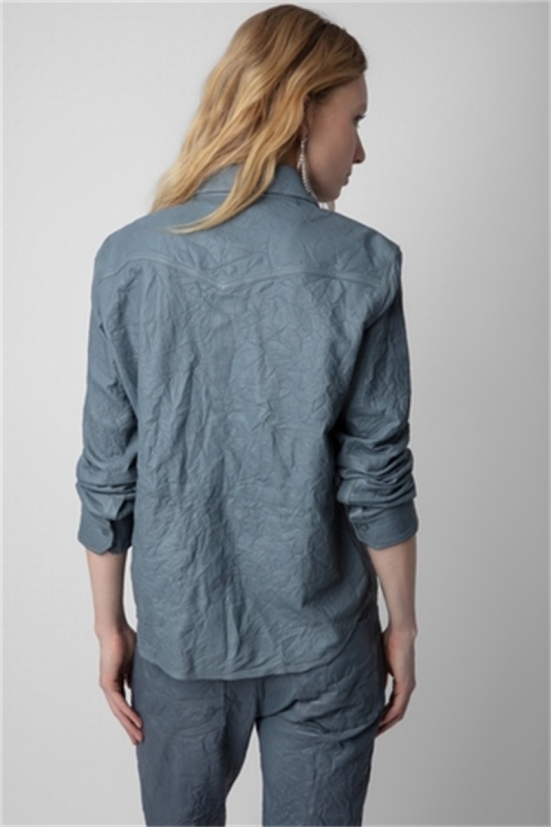 Zadig & Voltaire Thelma Crinkled Cuero Shirt Azules Claro | ZV-256332