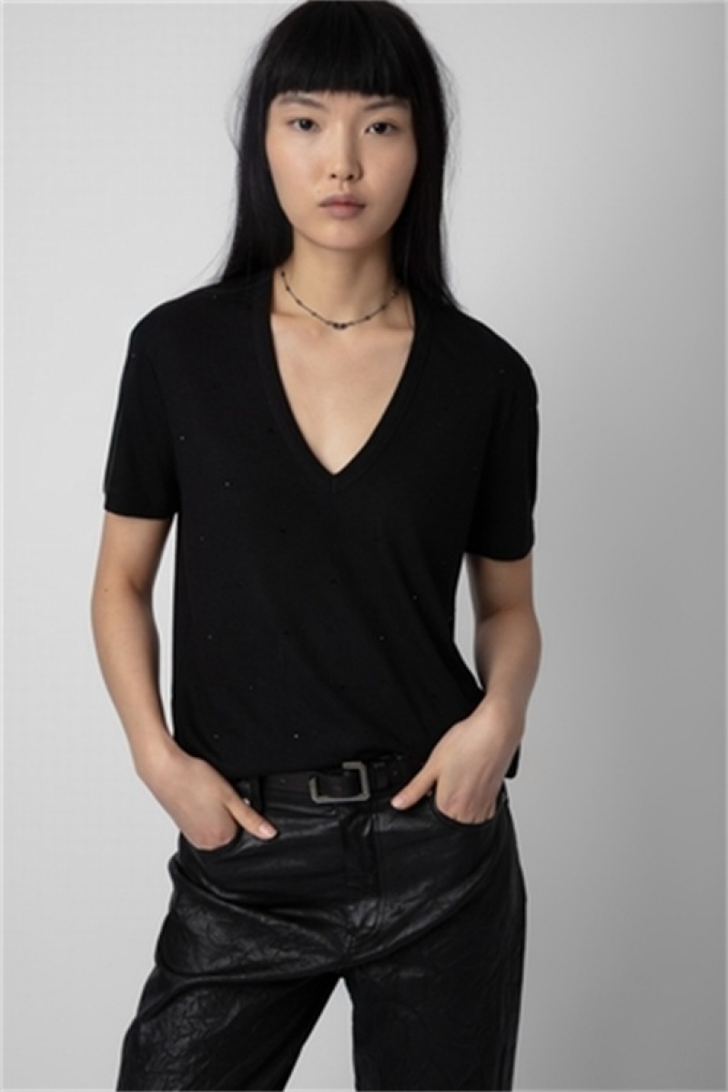 Zadig & Voltaire Wassa Diamante T-shirt Negras | ZV-256263